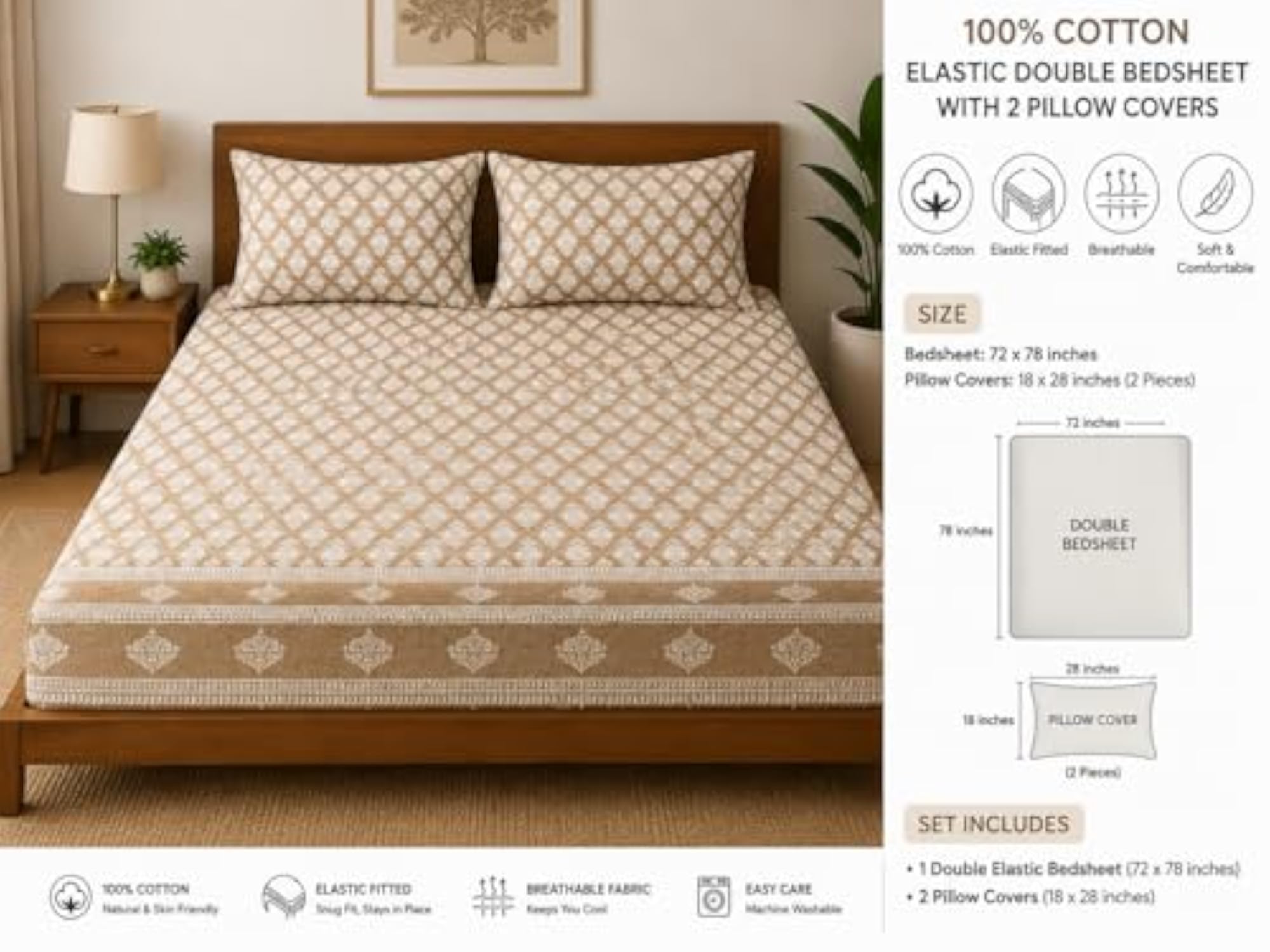 100% Pure Cotton Elastic Fitted King Size Bedsheet with 2 Pillow Covers